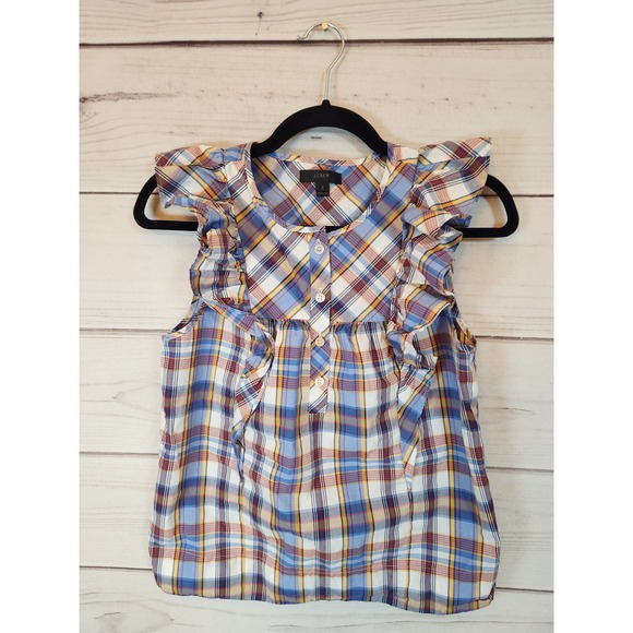 J. Crew Women's Multicolor Plaid Crew Neck Ruffle Sleeveless Blouse Top Size 2‎ - Picture 1 of 5